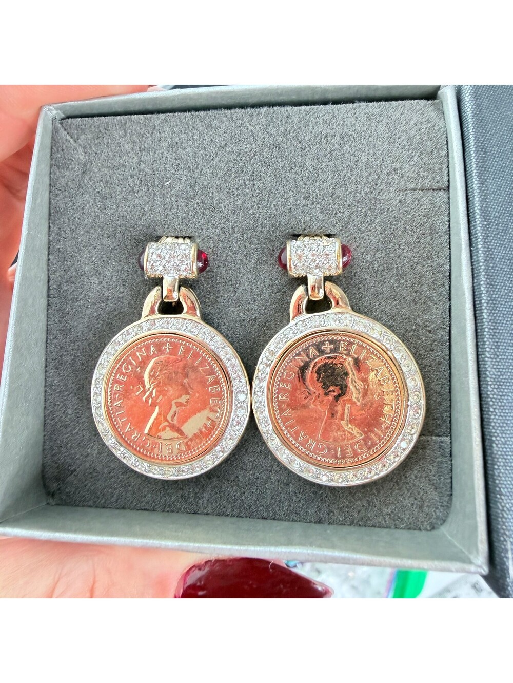Panetta English Coin Earrings, 1960's Clip-On, High End , Queen Elizabeth II